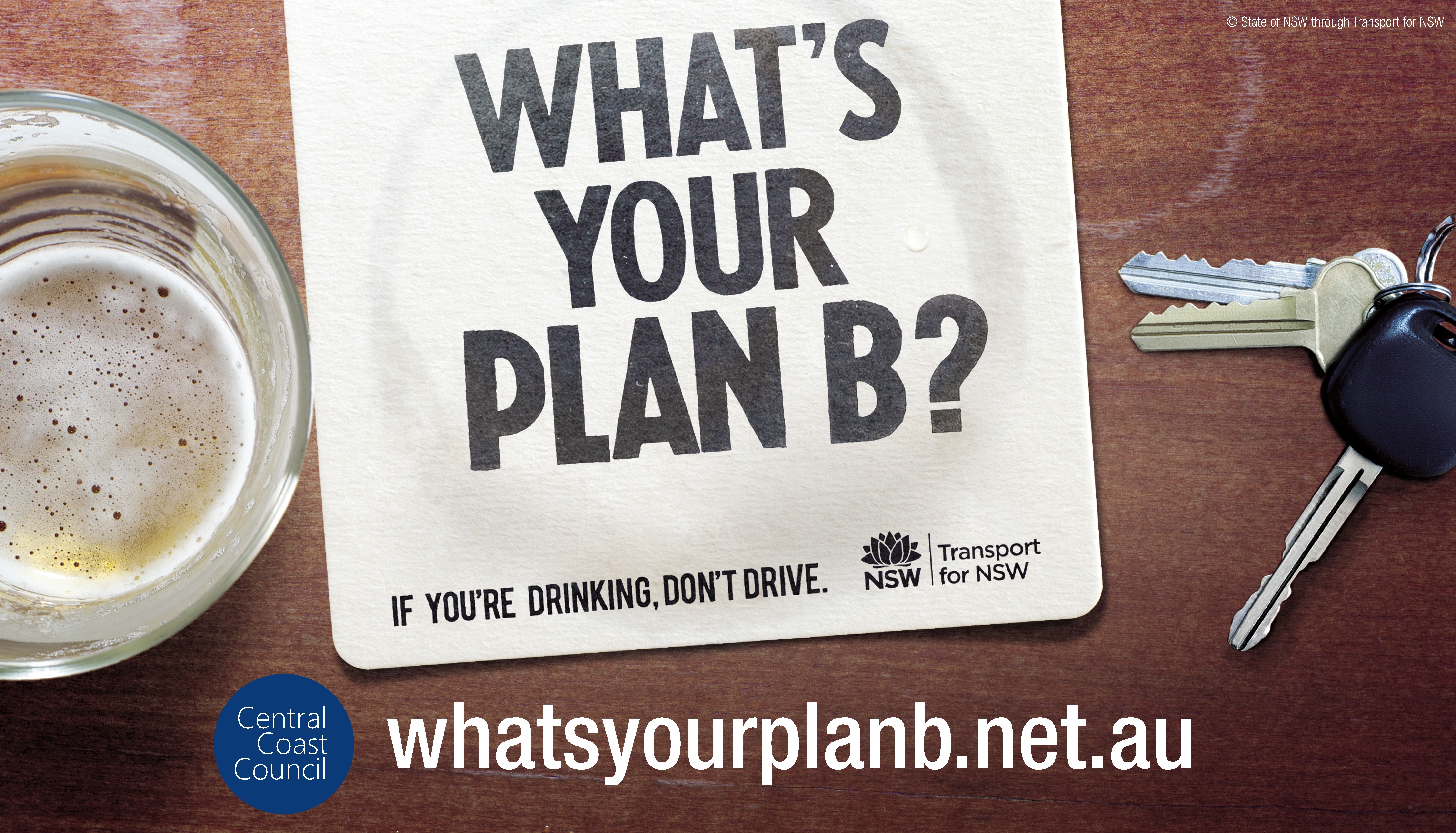 Graphic with keys a beer and coaster with text 'what's your plan B'