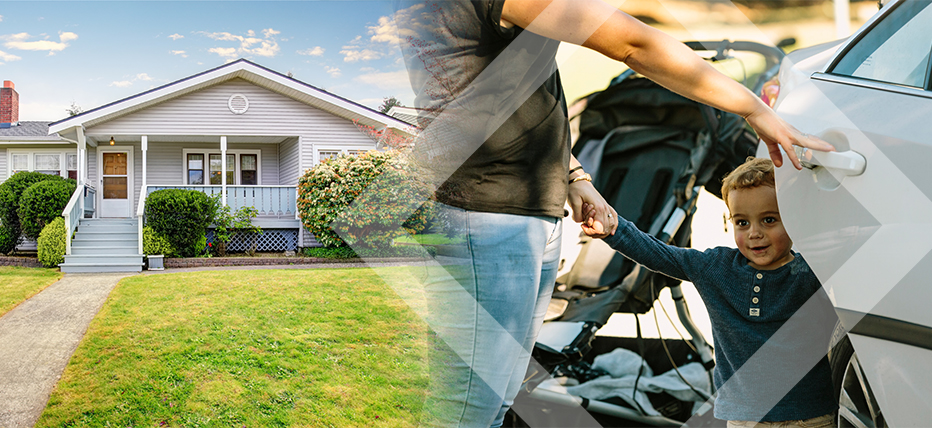 Image of house and adult holding child's hand near car door