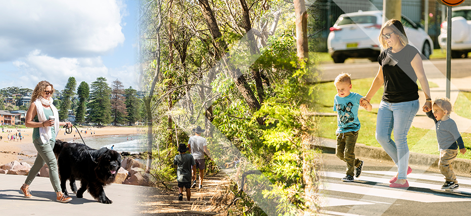Montage image of woman walking dog, a person bush walking and a lady holding children's hands as they cross the road
