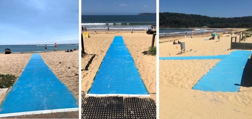 Three images showing beach matting at Toowoon Bay, Ocean Beach and Umina Beach. Beach mats are bright blue and rolled out across the sand. 