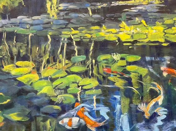 Cheryl Willcox - Lily Pond Spring (painting of a pond with lily pads and fish)