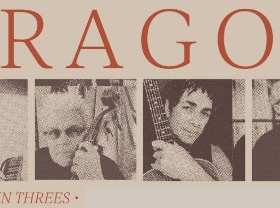 Black and whit images of Dragon band members on a light maroon background