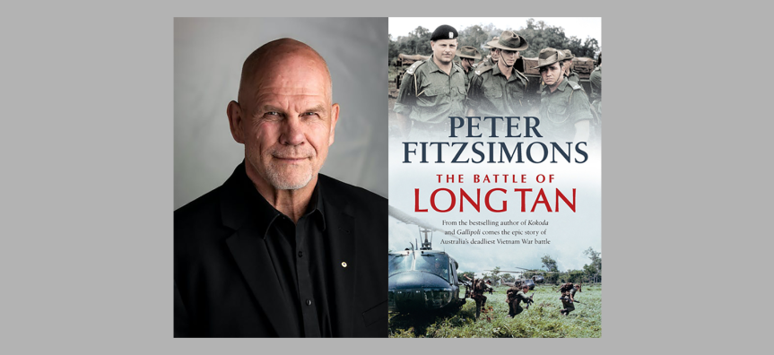 Author Peter Fitzsimons with book cover for 'The Battle of Long Tan'