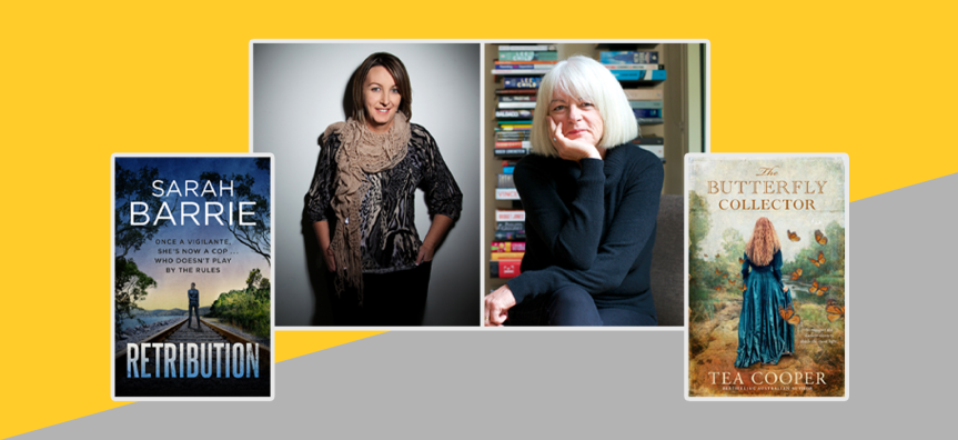 Composite image of authors Sarah Barrie, Tea Cooper, Retribution book cover and Butterfly Collector book cover - on yellow and grey background
