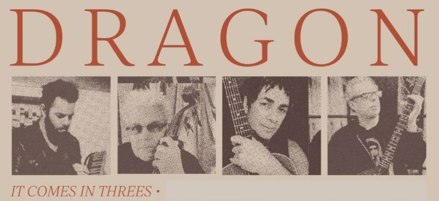 Black and whit images of Dragon band members on a light maroon background