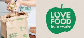 Man putting food scraps in a brown paper bag. Love Food Hate Waste logo in the shape of a apple.