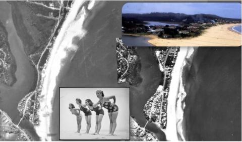 A collage of a overhead Wamberal beach photos and Girls Leadership Camp 