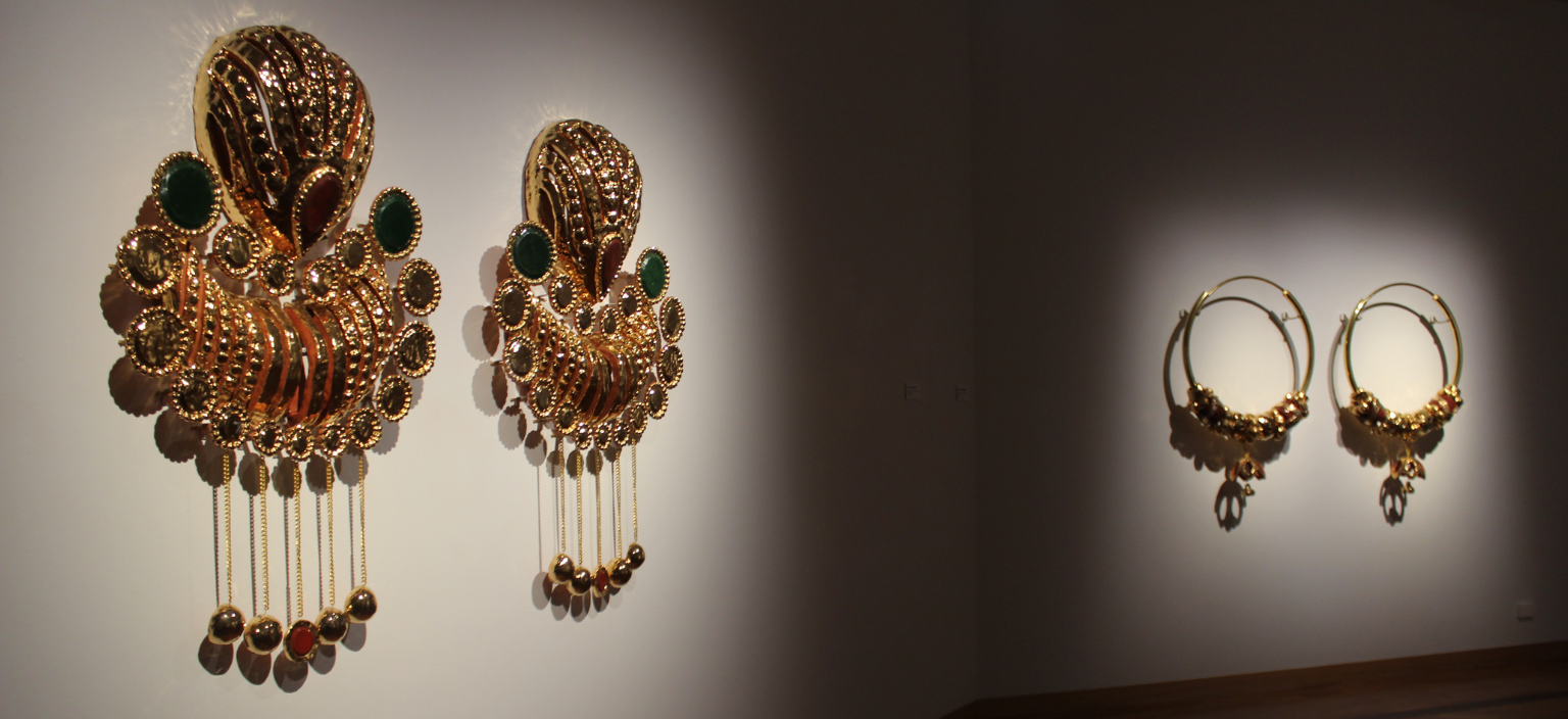 Installation view of this year's EMERGING Art Prize finalist work, Drop earrings that once belonged to my mother and Hoops that once belonged to my mother. Photo by Lotte Hilder. 